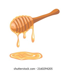 Honey dripping from a wooden honey dipper isolated on white background. Hand drawn vector illustration