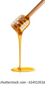 Honey dripping from wooden honey dipper isolated on white background