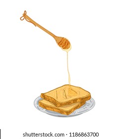 Honey dripping from wooden dipper on bread slices lying on plate. Sweet breakfast meal, healthy dessert isolated on white background. Colored hand drawn vector illustration in elegant retro style.