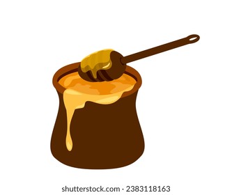 Honey dripping from wooden dipper on clay jar full of golden sweet honey.Sweet breakfast wholesome meal, healthy dessert isolated on white background. Colored flat vector illustration