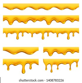 Honey dripping. Yellow syrup liquid golden oil drops and splashes vector realistic template. Golden droplet drip, flow syrup, liquid melt illustration