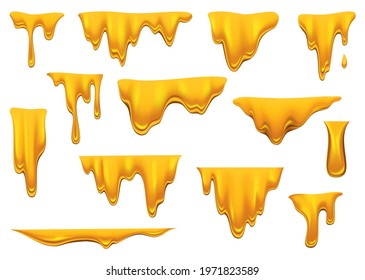 Honey drippings on white background. Sweet yellow collection of delicious melted honey drops. Golden flow syrup, caramel flowing or liquid melt template. Colorful delicious honey drops