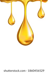 Honey drips on white background. Isolated realistic gold honey drop or yellow oil liquid droplet icon. Healthy food vector illustration