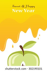 honey drips over an apple. Rosh Hashanah card