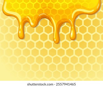 Honey drips over a honeycomb pattern background