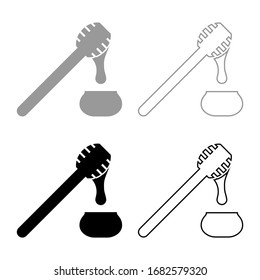 Honey drips from honey spoon into pot Stick with wooden and jar liquid nectar icon outline set black grey color vector illustration flat style image