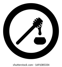 Honey drips from honey spoon into pot Stick with wooden and jar liquid nectar icon in circle round black color vector illustration flat style image
