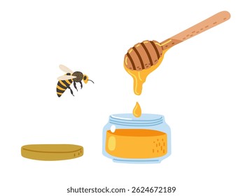 Honey drips from a wooden spoon next to a bee flying near a jar of honey