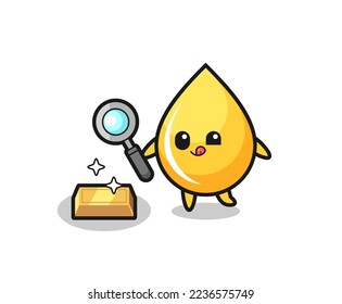 el personaje de la caída de miel está revisando la autenticidad del lingote de oro , diseño de estilo lindo para camiseta, pegatina, elemento logotipo