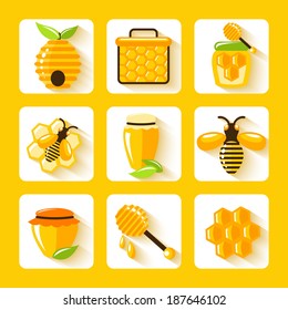 Honey drop comb bee hive and cell food agriculture flat icons set isolated vector illustration