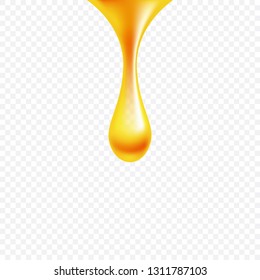 Honey drop isolated on transparent background, cosmetic anti age collagen  oil or caramel droplet. Jojoba, nectar syrup. Vector design.