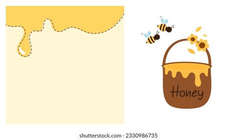 Honey drop on yellow background. Honey pot with bee cartoons and daisy flower icon sign on white background vector illustration. 