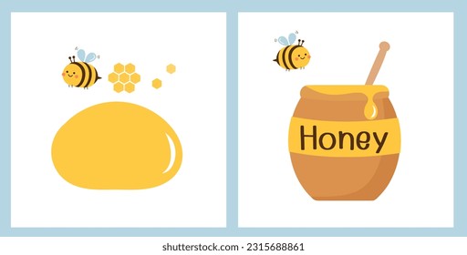 Honey drop sign, honey pot icon and bee cartoons on white backgrounds vector illustration.
