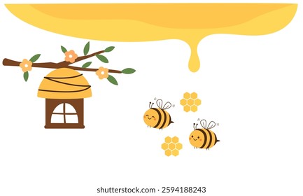 Honey drop sign, tree branch, bee cartoons, cute flower icon sign isolated on white background vector.  