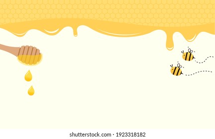 Honey drop with stick and bee cartoons on yellow background vector illustration.