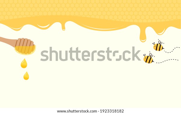 Honey drop with stick and bee cartoons on\
yellow background vector\
illustration.