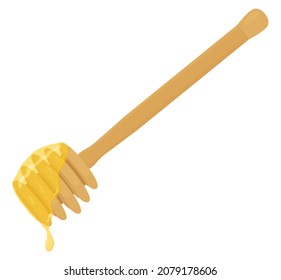 Honey drop, sticky syrup dripping from wood spoon. Vector illustration isolated on white. Natural healthy product.