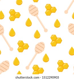 Honey drop and the wooden stick spoon. Seamless vector pattern