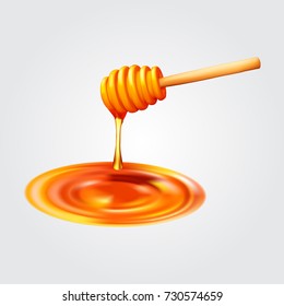 Honey droplets flowing from wooden dipper on white background. Honey splash