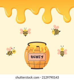 La miel desciende el fondo, la olla de miel y las abejas lindas. Diseño de alimentos orgánicos y saludables para la miel. Ilustración vectorial.
