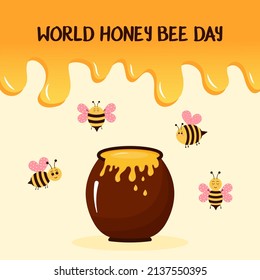 Honey drops background, honey pot and cute bees. World honey bee day text. Vector illustration.