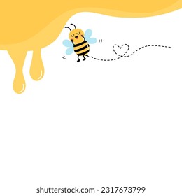 Honey drops, bee cartoon and heart dot line on white background vector illustration.