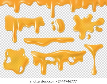 Honey drops and streaks. Yellow gold splash, flowing glossy sweet liquid, border or frame, caramel, butter or oil. Realistic elements isolated on transparent background. Vector set