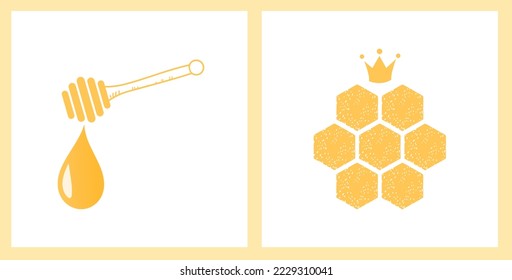 Honey drops, wooden dipper and honey sign logo with crown icon isolated on white backgrounds vector illustration.