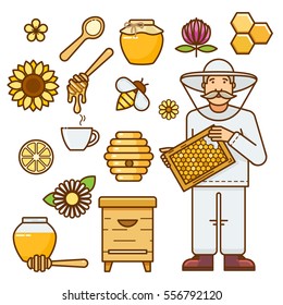 Honey Element Set With Beehive, Beekeeper, Flowers And Ready Product. Outline Flat Isolated Vector Illustration.