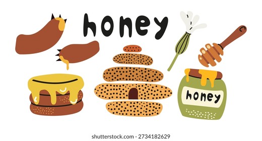 Honigelemente im Cartoon-Stil. Honig Bienenhaus, Bienenstock, Blume, Honiggläser, Pfannkuchen. Bio natürliche Süßspeisen. Vektorgrafik