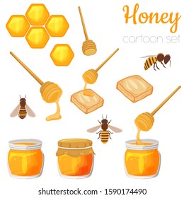 Honey elements cartoon vector illustration set, isolated cute clip-art.