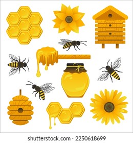 Honey elements collection. Set of beekeeping colorful icons. Bees, honeycomb, jar of honey, beehives, honey dipper and flowers element for label, banner, pattern and more.