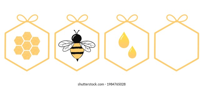 Honey elements with hexagon signs and bee cartoon isolated on white background vector illustration.