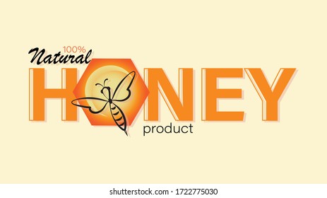 Honey emblem, label. Linear bee logo, honeycomb and inscription.