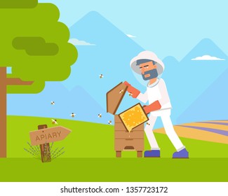 Honey extracting process flat vector illustration. Old apiarist in protective coverall holding honeycomb cartoon character. Agriculture, apiculture, beekeeping business. Beekeeper profession