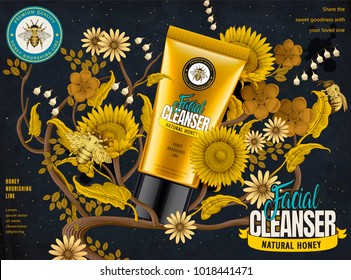 Honey facial cleanser ads, cosmetic tube in 3d illustration with elegant flowers elements in etching shading style, dark blue and yellow tone Honey facial cleanser ads, cosmetic tube in 3d illustration with elegant flowers elements in etching shading style, dark blue and yellow tone