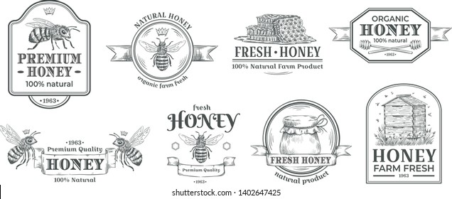 Insignia de granja de miel. Logo de la apicultura, insignias de abejas retro y sello de cartón pintado a mano. Sello natural de dulces de abejas, etiquetas de productos de miel. Conjunto de símbolos aislados de ilustración de vector