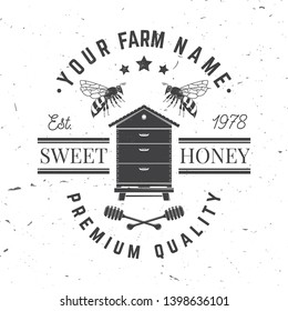 Honey farm badge. Vector illustration. Concept for shirt, print, stamp or tee. Vintage typography design with bee, hive and honey dipper silhouette. Retro design for honey bee farm business