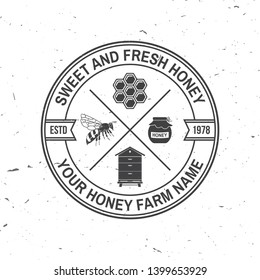 Honey farm badge. Vector illustration. Concept for shirt, print, stamp or tee. Vintage typography design with bee, hive and honey dipper silhouette. Retro design for honey bee farm business