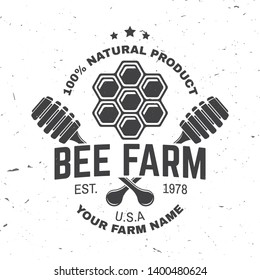 Honey farm badge. Vector illustration. Concept for shirt, print, stamp or tee. Vintage typography design with honeycomb piece and honey dipper silhouette. Retro design for honey bee farm business