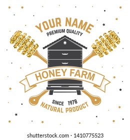 Honey farm badge. Vector illustration. Concept for shirt, print, stamp or tee. Vintage typography design with hive and honey dipper silhouette. Retro design for honey bee farm business