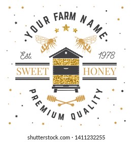 Honey farm badge. Vector illustration. Concept for shirt, print, stamp or tee. Vintage typography design with bee, hive and honey dipper silhouette. Retro design for honey bee farm business