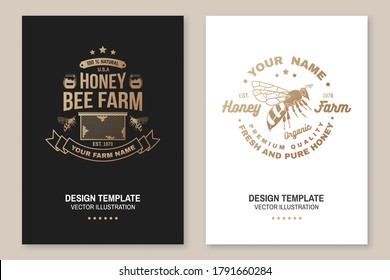 Honey farm badge. Vector illustration. Concept for poster, flyer, template. Vintage typography design with honeycomb piece and honey dipper silhouette. Retro design for honey bee farm business