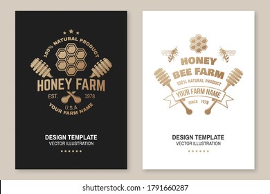 Honey farm badge. Vector illustration. Concept for poster, flyer, template. Vintage typography design with honeycomb piece and honey dipper silhouette. Retro design for honey bee farm business