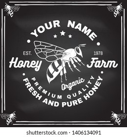 Honey farm badge. Vector on the chalkboard. Concept for shirt, print, stamp or tee. Vintage typography design with bee silhouette. Retro design for honey bee farm business. Fresh and pure honey