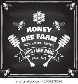 Honey farm badge. Vector on the chalkboard. Concept for shirt, print, stamp or tee. Vintage typography design with bee, honeycomb piece and honey dipper silhouette. Retro design for honey bee farm bus