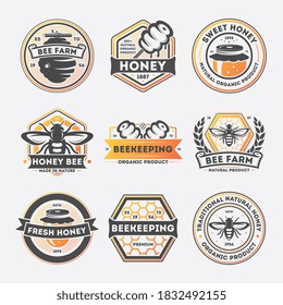 Honey farm emblem. Traditional natural fresh organic product advertisement illustration. Beekeeping and sweet honey eco production. Honeybee farm business vector stylized emblem or insignia label