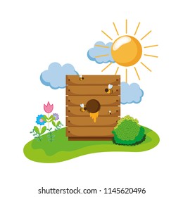 honey farm inside wood box and bees