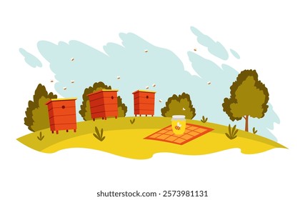 Honey farm landscape. Agriculture field, rural nature scene. Ruralfield panorama with honey production