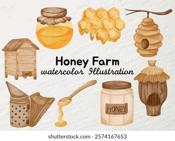 Honey Farm Watercolor Clipart - Honey Jar, Honeycomb, Beehive, and Beekeeping Tools for Cute Farmhouse Decor and Nature Designs